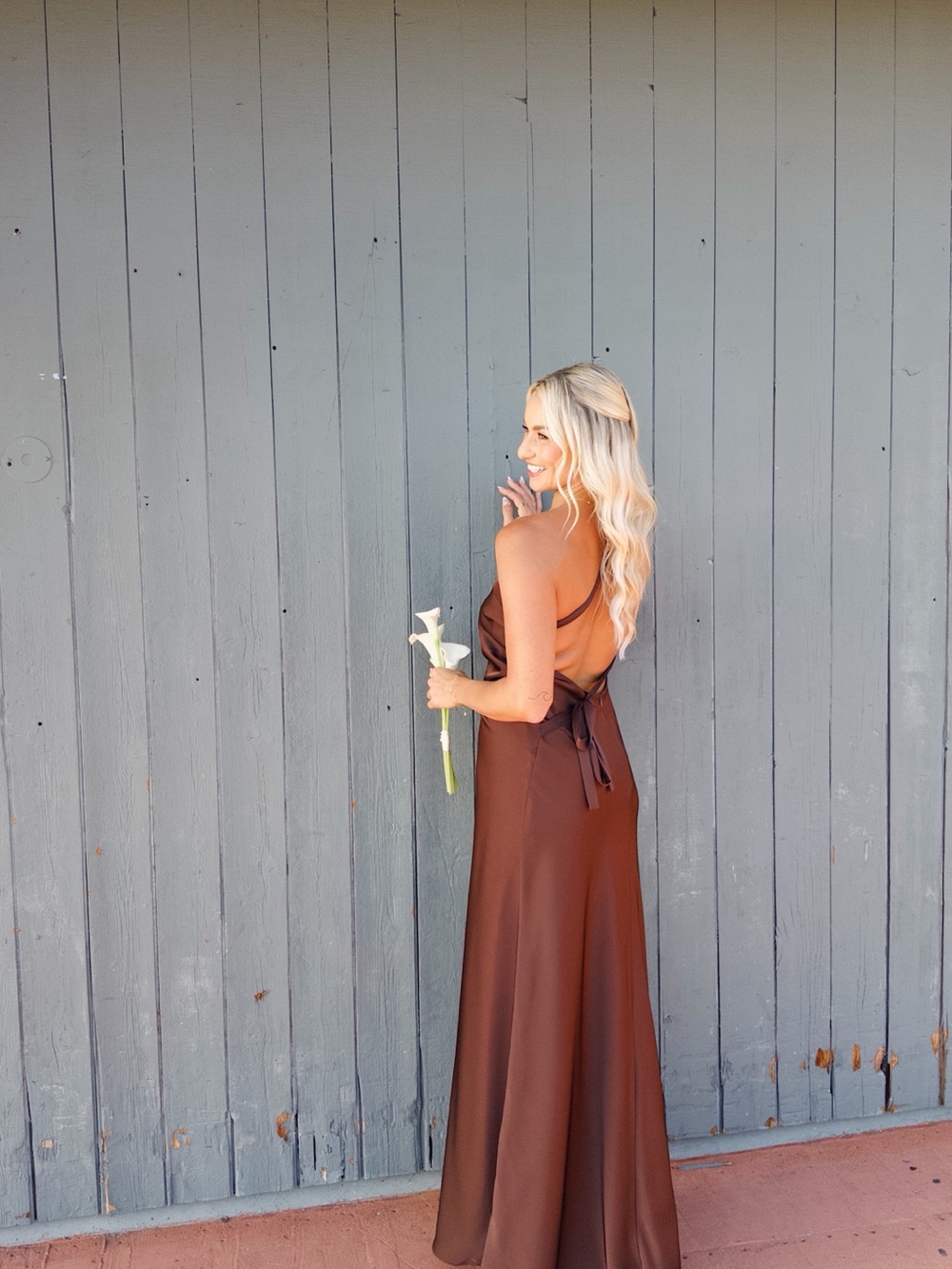 Azazie Brown Satin Maxi Dress with Tie-Back
